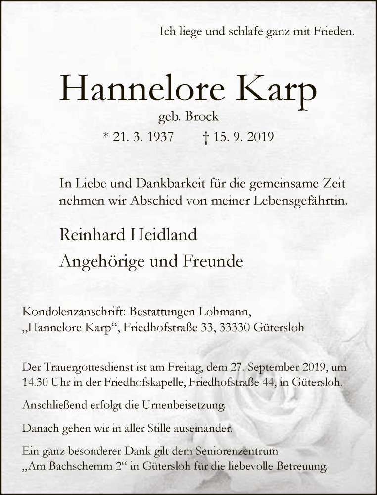  Traueranzeige für Hannelore Karp vom 19.09.2019 aus Neue Westfälische