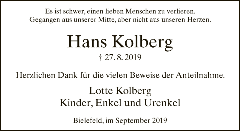  Traueranzeige für Hans Kolberg vom 28.09.2019 aus Neue Westfälische