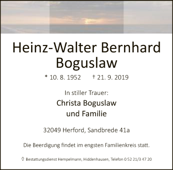 Traueranzeige von Heinz-Walter Bernhard Boguslaw von Neue Westfälische