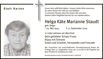 Traueranzeige von Helga Käte Marianne Staudt von Neue Westfälische