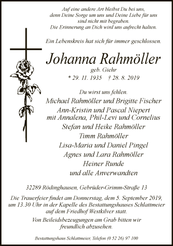 Traueranzeige von Johanna Rahmöller von Neue Westfälische