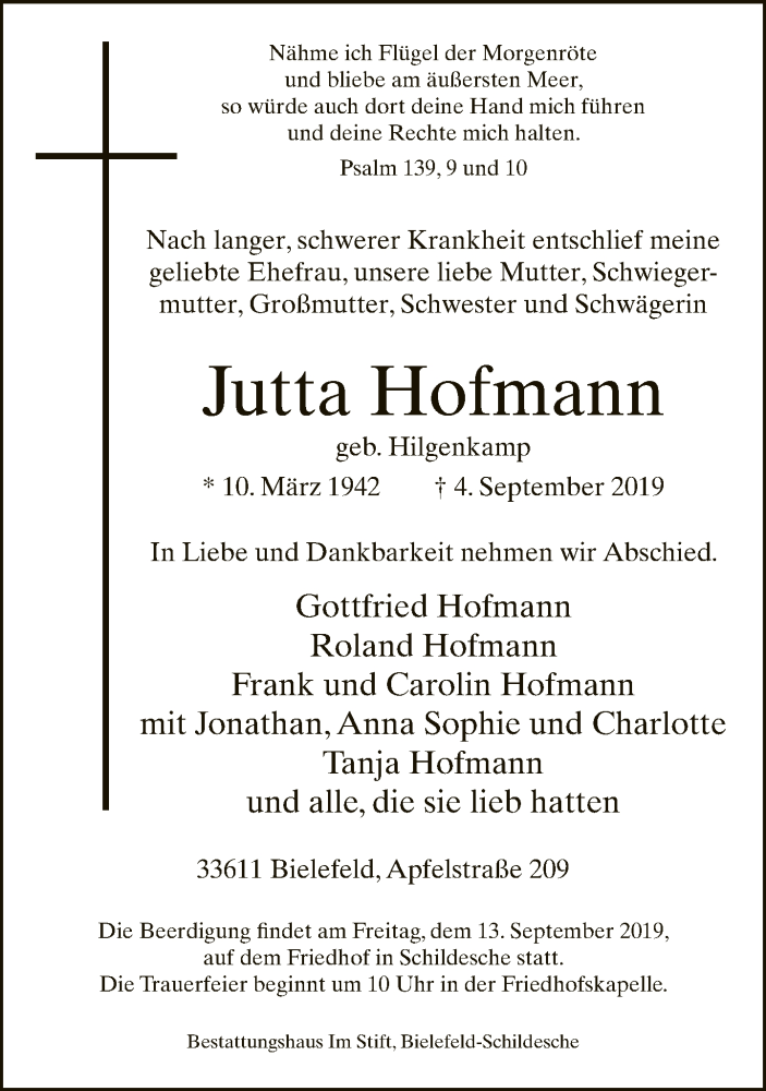  Traueranzeige für Jutta Hofmann vom 07.09.2019 aus Neue Westfälische