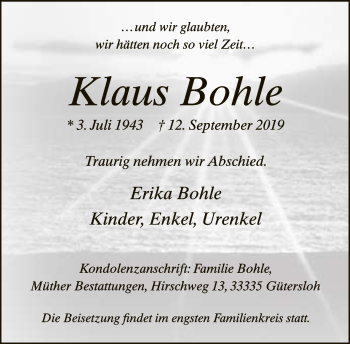 Traueranzeige von Klaus Bohle von Neue Westfälische