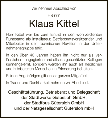 Traueranzeige von Klaus Kittel von Neue Westfälische