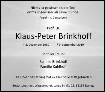 Traueranzeige von Klaus-Peter Brinkhoff von Neue Westfälische