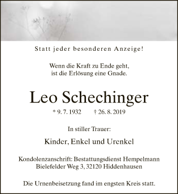 Traueranzeige von Leo Schechinger von Neue Westfälische