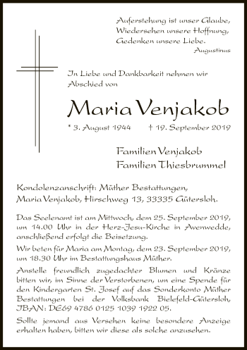 Traueranzeige von Maria Venjakob von Neue Westfälische