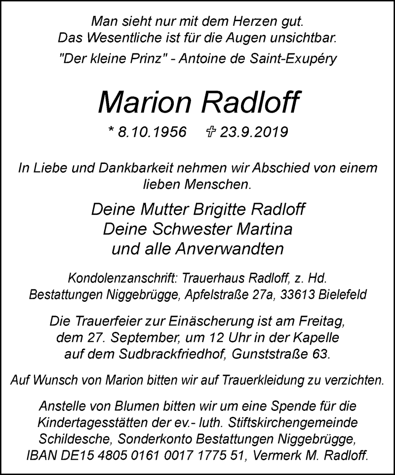  Traueranzeige für Marion Radloff vom 26.09.2019 aus Neue Westfälische