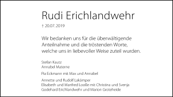 Traueranzeige von Rudi Erichlandwehr von Neue Westfälische