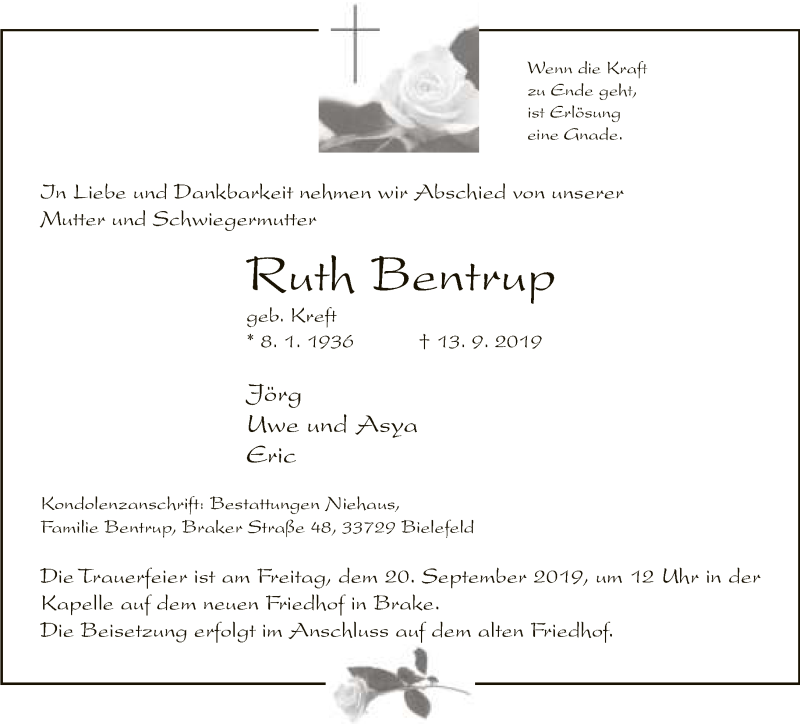  Traueranzeige für Ruth Bentrup vom 18.09.2019 aus Neue Westfälische