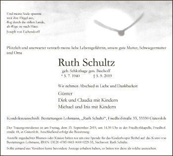 Traueranzeige von Ruth Schultz von Neue Westfälische