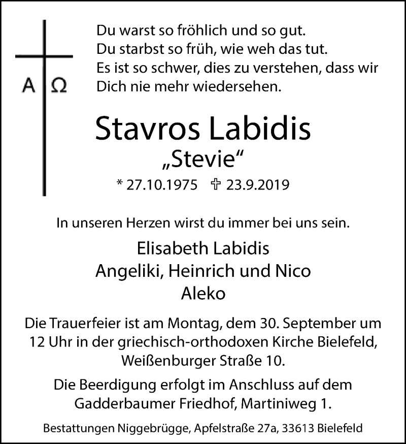  Traueranzeige für Stavros Labidis vom 26.09.2019 aus Neue Westfälische