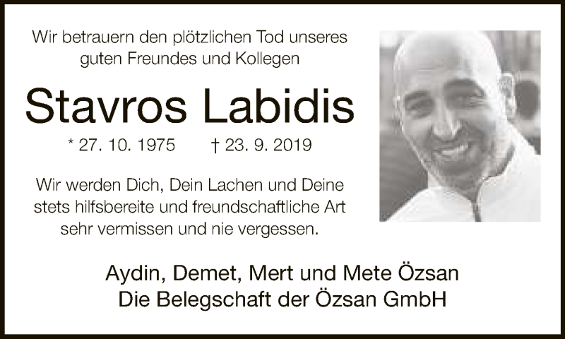  Traueranzeige für Stavros Labidis vom 28.09.2019 aus Neue Westfälische