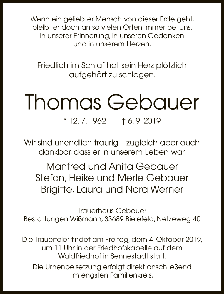  Traueranzeige für Thomas Gebauer vom 14.09.2019 aus Neue Westfälische