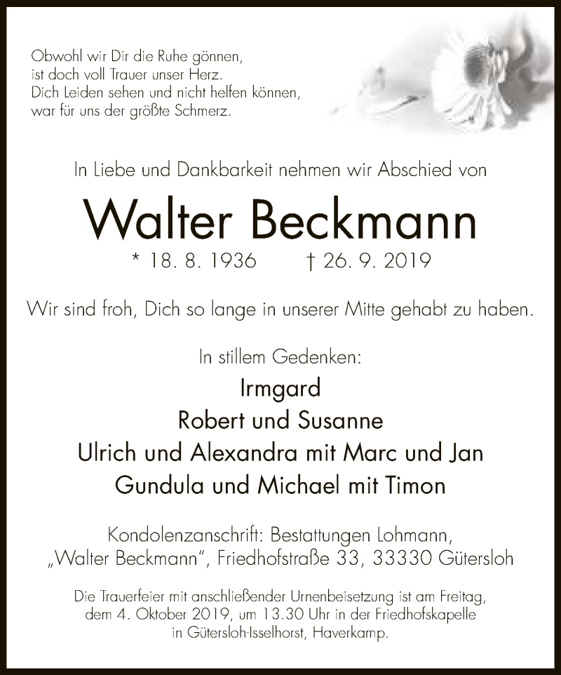  Traueranzeige für Walter Beckmann vom 30.09.2019 aus Neue Westfälische