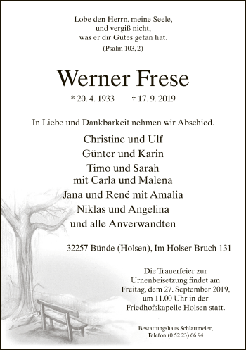 Traueranzeige von Werner Frese von Neue Westfälische
