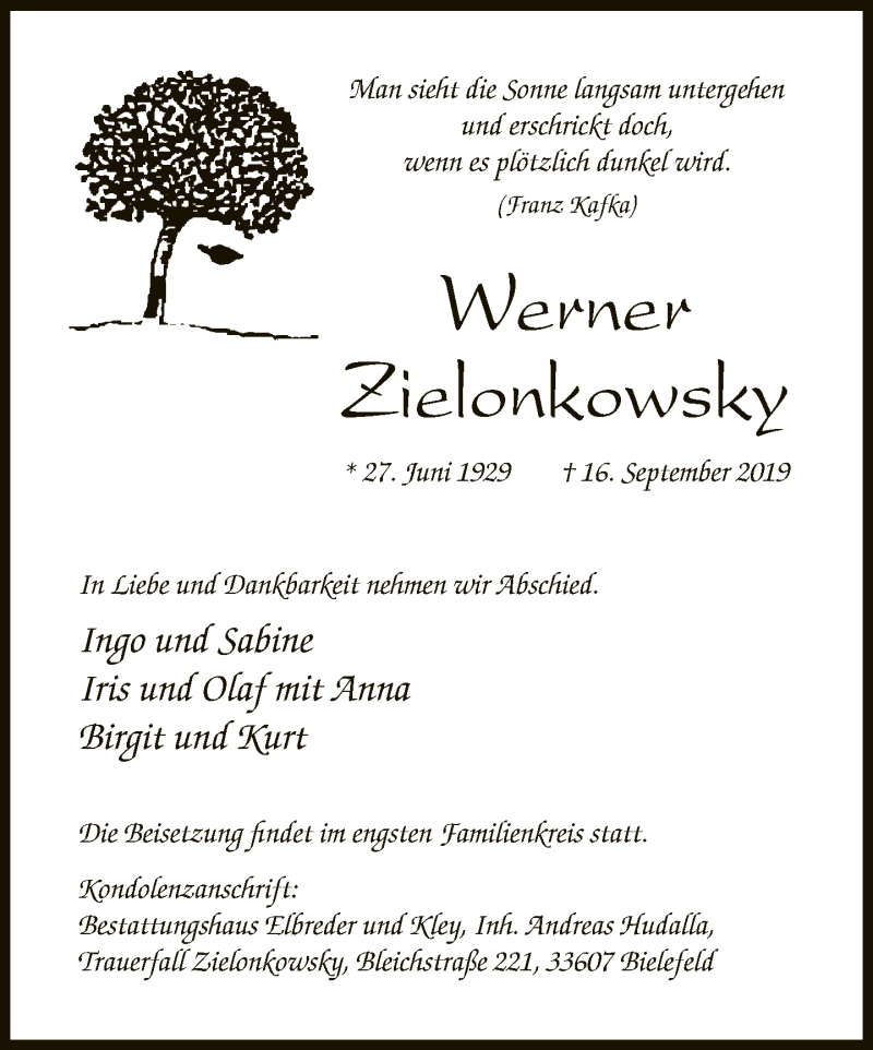  Traueranzeige für Werner Zielonkowsky vom 21.09.2019 aus Neue Westfälische