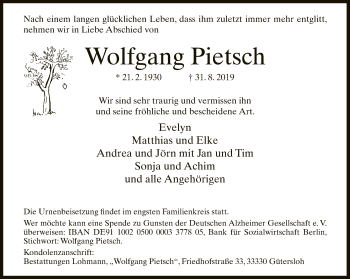 Traueranzeige von Wolfgang Pietsch von Neue Westfälische