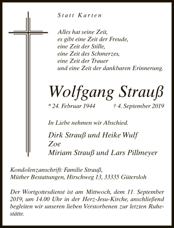 Traueranzeige von Wolfgang Strauß von Neue Westfälische