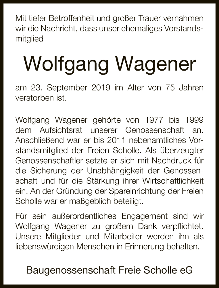  Traueranzeige für Wolfgang Wagener vom 28.09.2019 aus Neue Westfälische