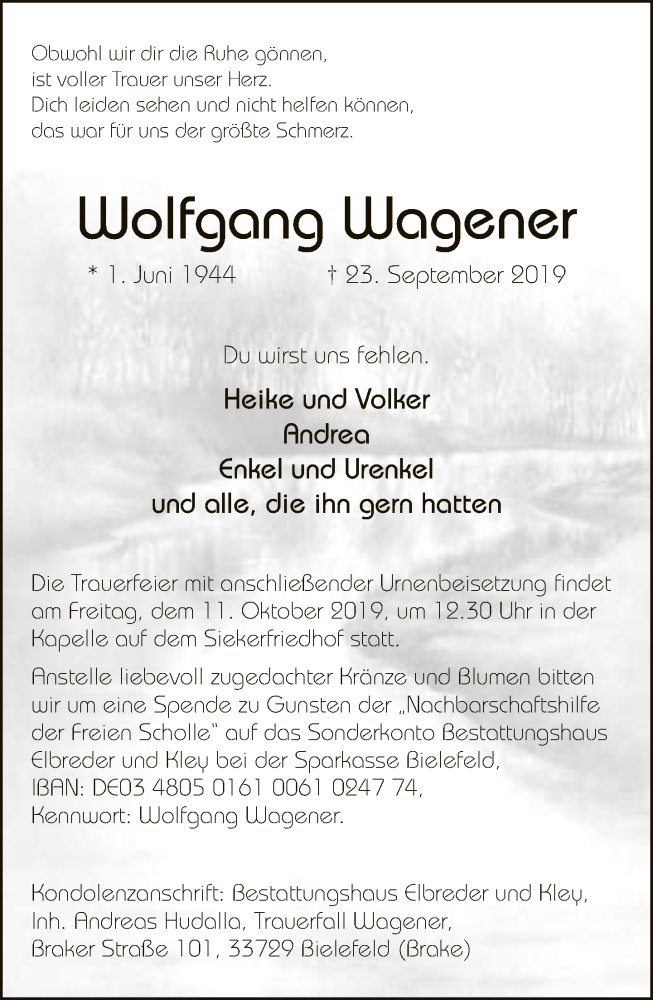  Traueranzeige für Wolfgang Wagener vom 28.09.2019 aus Neue Westfälische