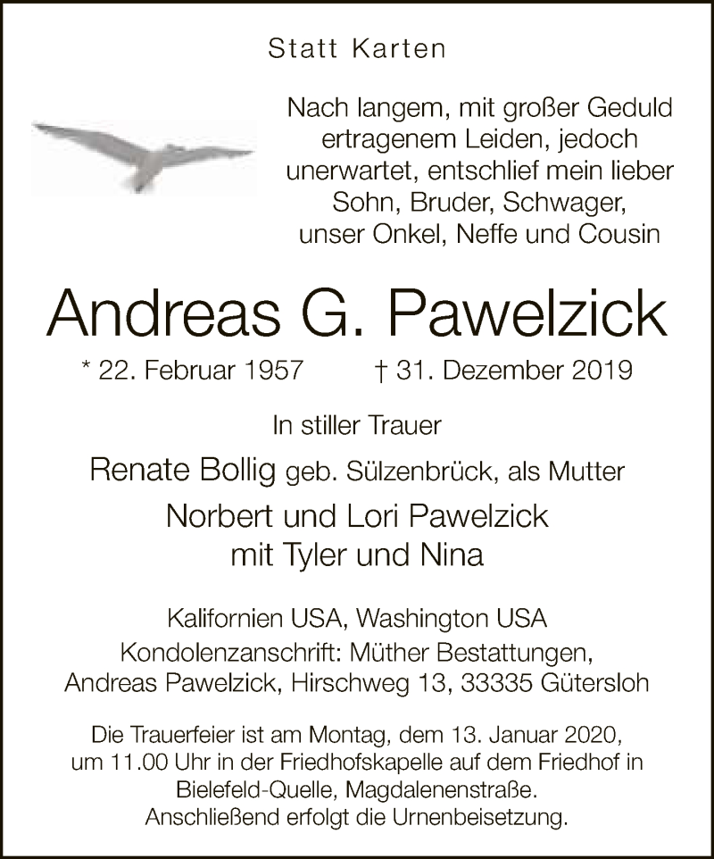  Traueranzeige für Andreas G. Pawelzick vom 10.01.2020 aus Neue Westfälische