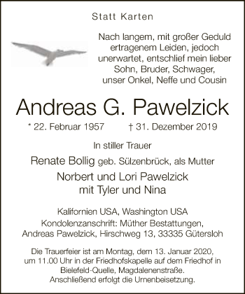 Traueranzeige von Andreas G. Pawelzick von Neue Westfälische