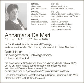Traueranzeige von Annamaria De Mari von Neue Westfälische