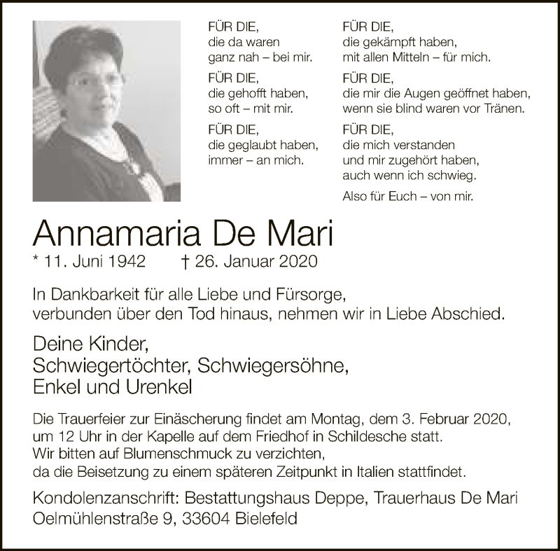  Traueranzeige für Annamaria De Mari vom 29.01.2020 aus Neue Westfälische