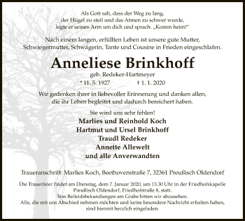 Traueranzeige von Anneliese Brinkhoff von Neue Westfälische