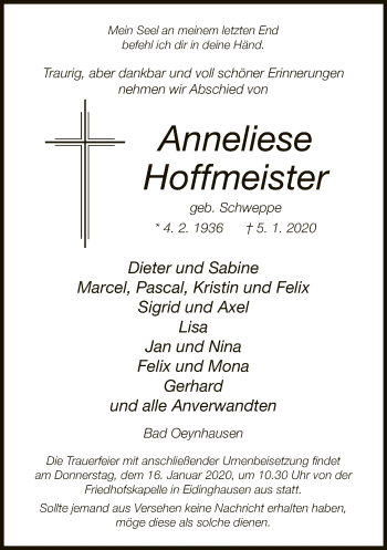 Traueranzeige von Anneliese Hoffmeister von Neue Westfälische