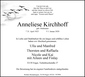 Traueranzeige von Anneliese Kirchhoff von Neue Westfälische