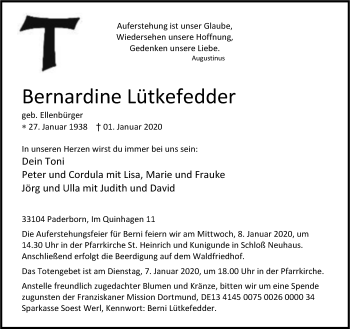 Traueranzeige von Bernardine Lütkefedder von Neue Westfälische