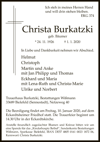 Traueranzeige von Christa Burkatzki von Neue Westfälische