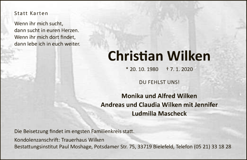  Traueranzeige für Christian Wilken vom 11.01.2020 aus Neue Westfälische