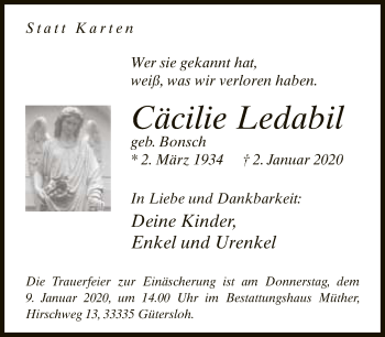 Traueranzeige von Cäcilie Ledabil von Neue Westfälische