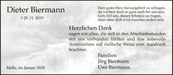 Traueranzeige von Dieter Biermann von Neue Westfälische