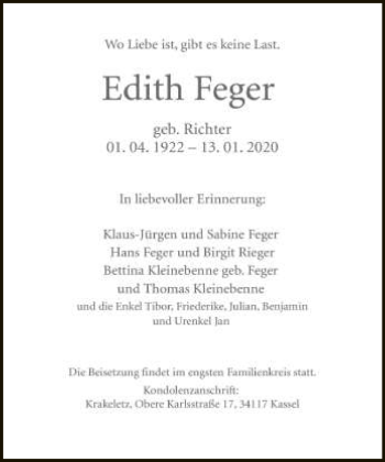 Traueranzeige von Edith Feger von Neue Westfälische