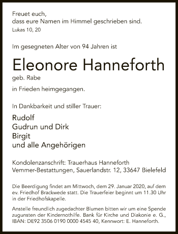 Traueranzeige von Eleonore Hanneforth von Neue Westfälische