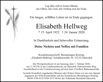 Traueranzeige von Elisabeth Hellweg von Neue Westfälische