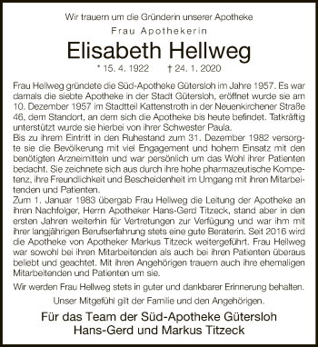 Traueranzeige von Elisabeth Hellweg von Neue Westfälische
