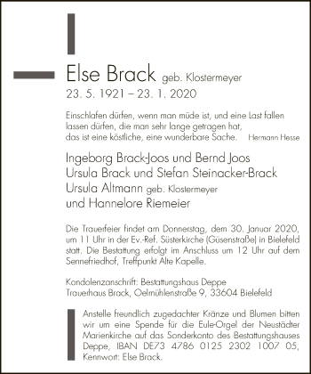 Traueranzeige von Else Brack von Neue Westfälische