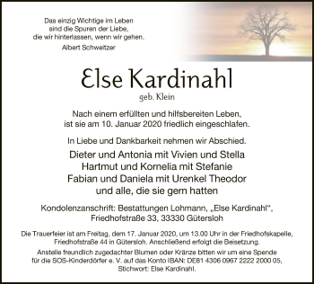 Traueranzeige von Else Kardinahl von Neue Westfälische
