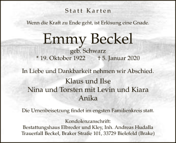Traueranzeige von Emmy Beckel von Neue Westfälische