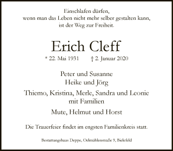 Traueranzeige von Erich Cleff von Neue Westfälische