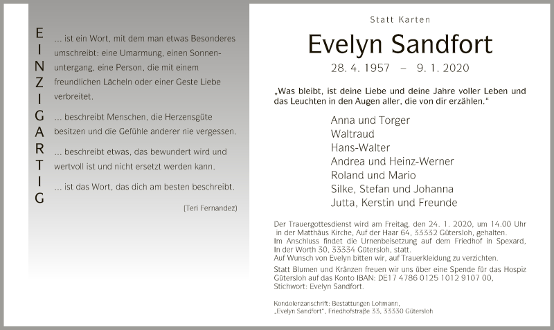  Traueranzeige für Evelyn Sandfort vom 18.01.2020 aus Neue Westfälische
