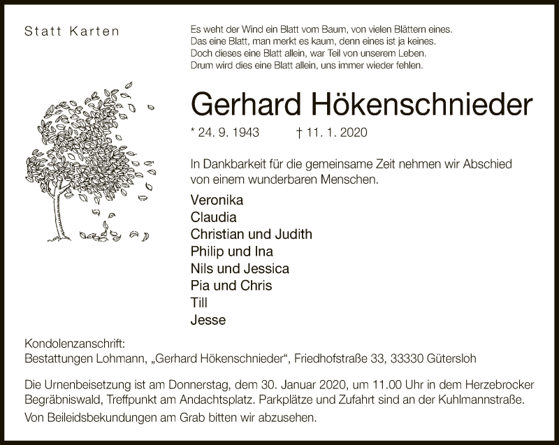  Traueranzeige für Gerhard Hökenschnieder vom 25.01.2020 aus Neue Westfälische
