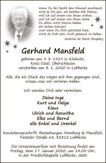 Traueranzeige von Gerhard Mansfeld von Neue Westfälische