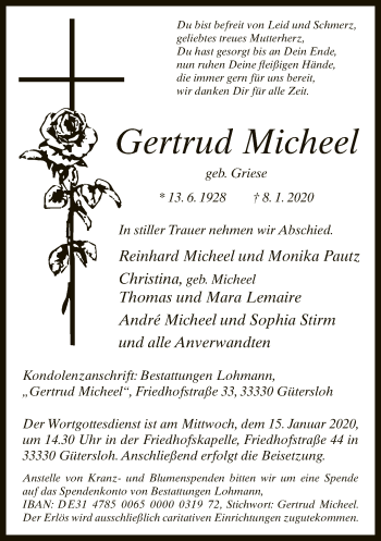 Traueranzeige von Gertrud Micheel von Neue Westfälische
