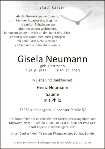 Traueranzeige von Gisela Neumann von Neue Westfälische